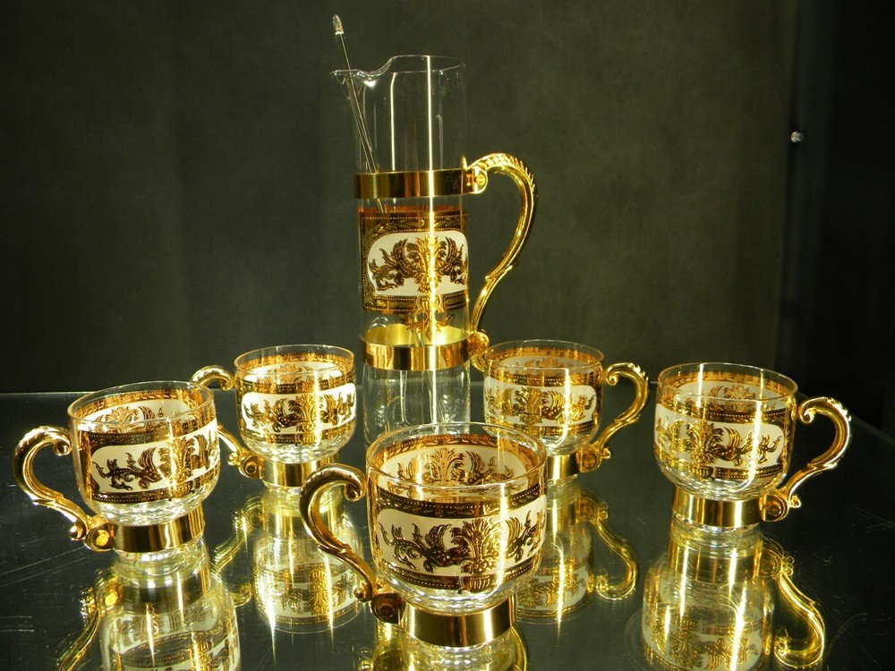 Vintage Russian Martini Cocktail Set Pitcher ~ Stirrer ~ 5 Handled Glasses