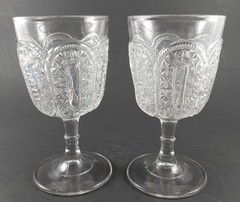 2 1880s ANTIQUE EAPG BRYCE BROTHERS JASPER BELT BUCKLE LATE BUCKLE GOBLETS 6 3/8