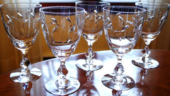 Vintage Set 5 TIFFIN FRANCISCAN PETITE Cut Leaf Crystal Water Goblets FANCY STEM