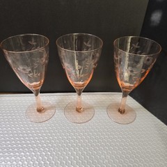 VTG Depression Glass Wine Goblets Set of 3 Etched Ribbed Rambler Rose Pink 7in