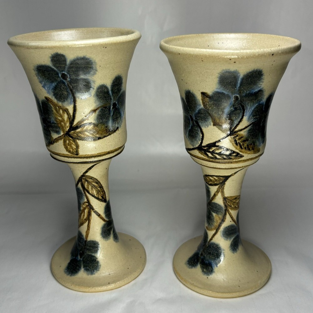 Art Pottery Chalice Wine Goblets Beige Blue Floral Artist Signed Set of 2