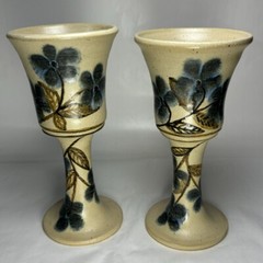Art Pottery Chalice Wine Goblets Beige Blue Floral Artist Signed Set of 2