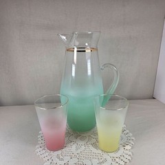 MCM Blendo Frosted Glass Pitcher & Two Tumblers With Gold Rim