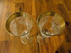 2 OPTIC 5 1/2″ WINE GLASSES ETCHED WOMEN WITH HORN + CHERUB GOLD ENCRUSTED TRIM