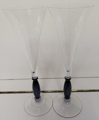 2 DENBY GLASS TRUMPET STYLE CHAMPAGNE FLUTES MIDNIGHT BLUE STEM 9.25 INCH 6 OZS