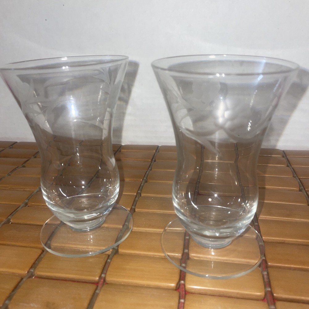 SET OF 2 Hurricane Glasses Etched Flower-leaf 4.25” Tall Estate Find