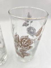 6 Vintage Libbey Rose Bouquet Pattern Gold Rim Tumblers Drinking Glasses -5 1/4″