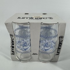 4 Luminarc Honorine NOS 16 Oz Tumbler Blue Rose Floral Vtg Granny Country Core