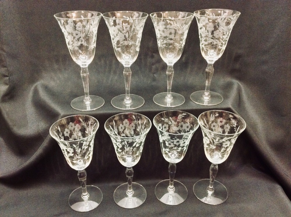Set 8 Vintage Cut Crystal Wine Goblets 7-1/2” Optic Gray Cut Crystal