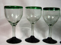 Set of 6 Handblown Artisan Sangria Wine Glasses Clear Green Trim