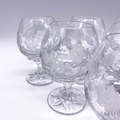6x Vintage Crystal Glass Cognac Glass with Flower Decor, Cut 60s/70s