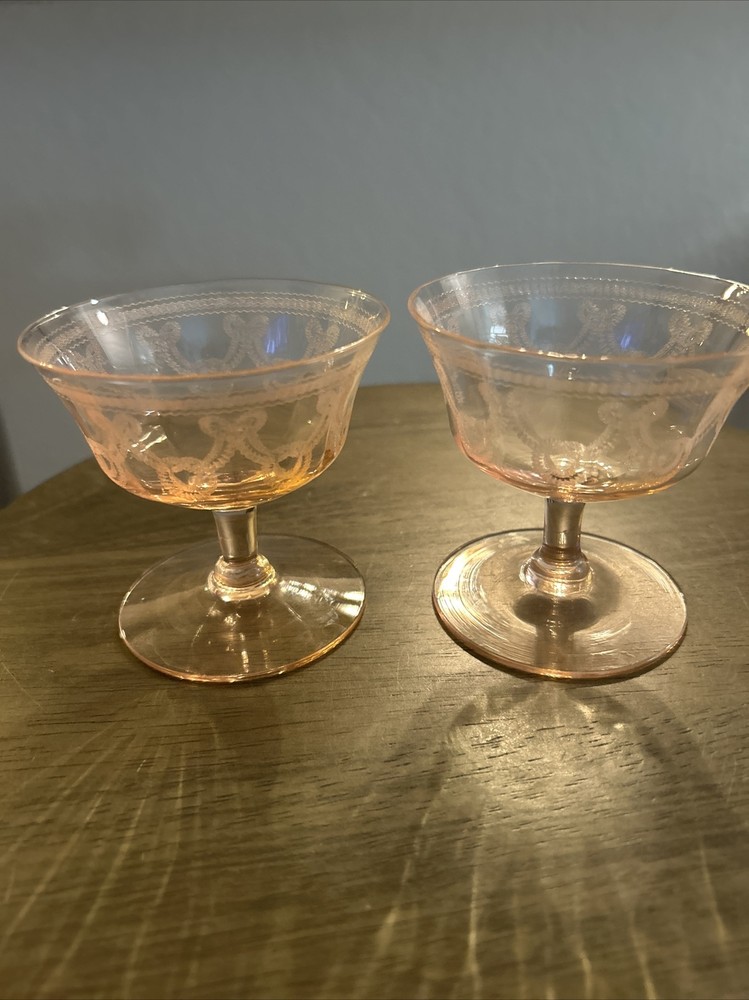 Vntg Etched Glass Set Of 2 Pink Sherbet Dessert Glass Cup Necklace Design C6