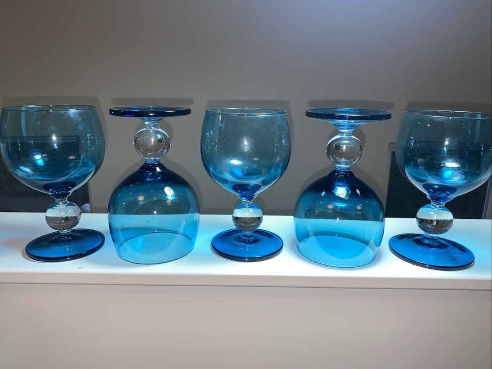 Set of 5 MCM ITALIAN VETRERIE DI EMPOLI TEAL BLUE BALLOON 6″ TALL GLASSES EXC