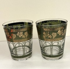 Vintage Pair MCM Green Gold Grapes & Columns Old Fashion Glasses