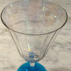 6 Rare Fostoria Mother of Pearl Ribbed Azure Blue Base 766 Stem Glasses -UV Glow