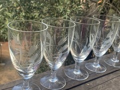 Vintage Etched Wheat Clear Glass MCM Crystal 4.75″ H Glasses Set-5 Cordial 4 oz