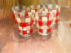 5 Mid-Century Red & White Checkered Rocks Glasses