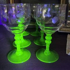 Set of 6 Tiffin Glasses with Etched Designs & Dark Green Uranium Stems Vintage