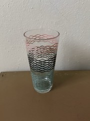 Vintage Pink, Blue, Black Squiggle Iced Tea Glass, 12 Oz.