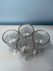 Vintage JEANNETTE Cordial Glasses: Diamond Cut, Twist Stem, Gold Rim Set of 4