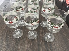 9 Libbey Christmas Winter Village 7- 3/4″ Glass Stemmed Goblet Snow Scene