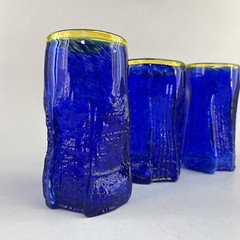 Heavily Textured Brutalist Cobalt Blue Tumblers Glasses Set Of 3 Hand Blown MCM