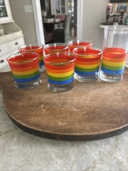 Vintage Cora Rainbow Drink Glasses Low Ball Rocks MCM Barware Juice Glass Lot 7