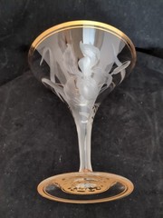 Moser Harrach Bohemian Art Nouveau Engraved Iris Gold Martini, Coupe, Champagne