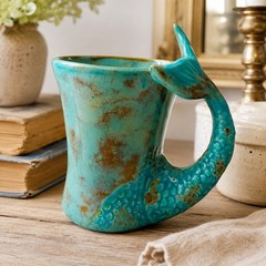 Vintage Studio Pottery Mug Mermaid Tail Handle Turquoise Teal Green Coffee Cup