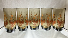 5 – 1970’s mcm Retro Juice Tumblers Glasses brown leaves and orange flower