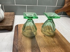 Set of 2 Vintage Green Depression Glass Custard Cups Footed Square