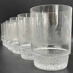Wildlife Geese & Deer Etched Crystal Lowball Tumblers 6pc Set c1980s Germany 4″t