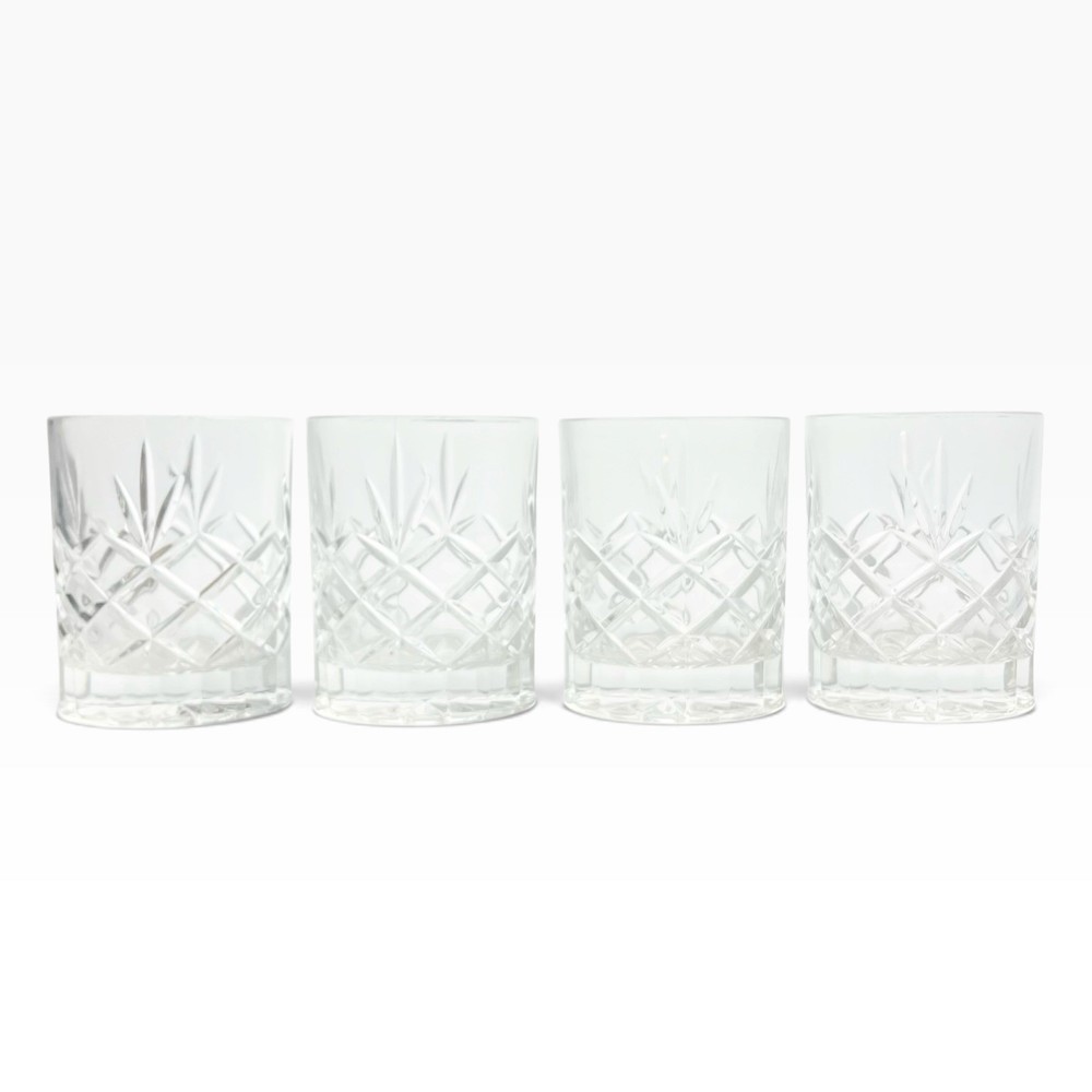 Vintage 4 Crystal Cocktail Old Fashioned Tumbler Glasses 4” 10oz Fan & X Cuts