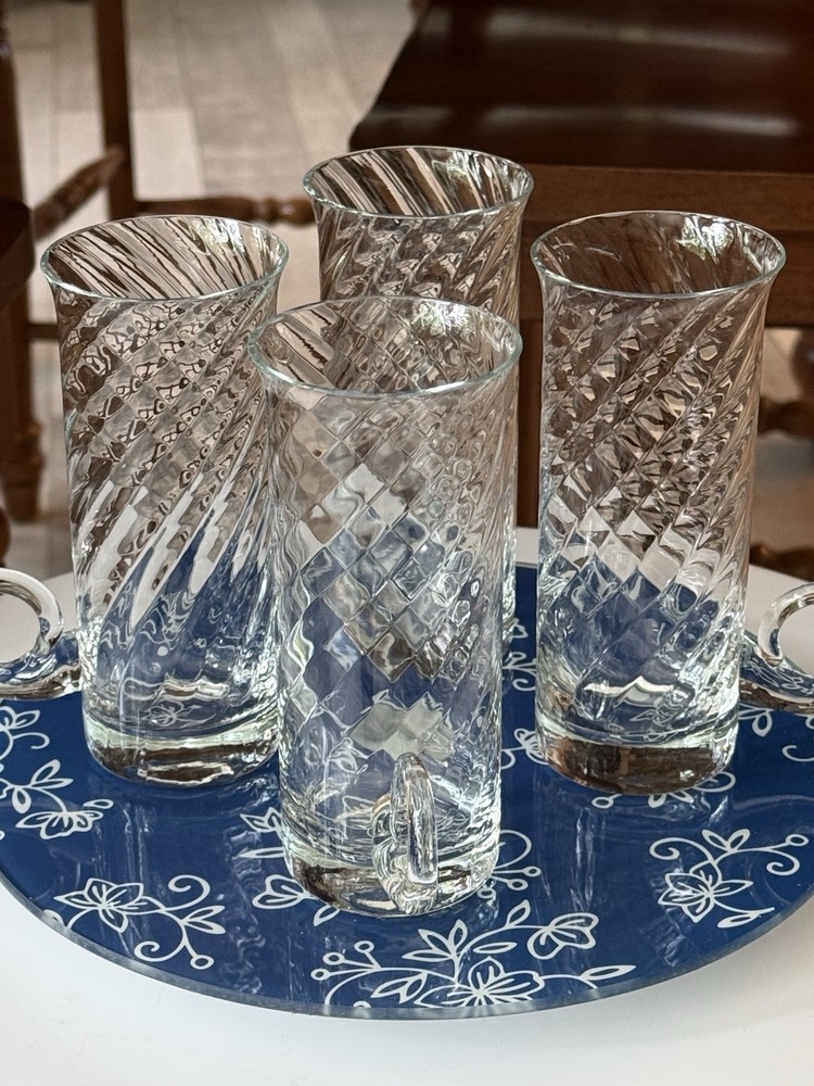 4 Optique Glass Irish Coffee Mugs By Essentials, Curled Handle EUC 5.75” Tall