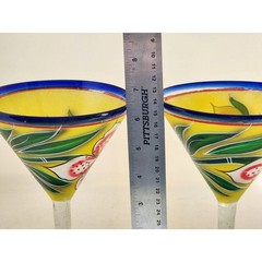 Pair Hand Painted Floral Margarita Glasses Blue Rim Yellow Mexican Style Set 2