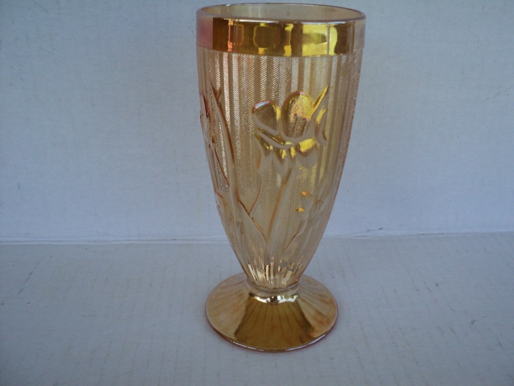 Vintage Jeanette Iris & Herringbone 6″ Marigold Footed Glass Tumbler.