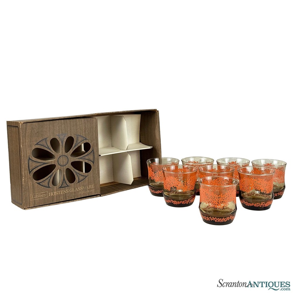 Mid-Century Boho Orange Coral Smoked Glass Juice Glasses – Set of 8