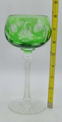 Vtg Bohemian Green Cut-to-Clear Hand-Blown Crystal Wine Glass Floral Design, ~8″