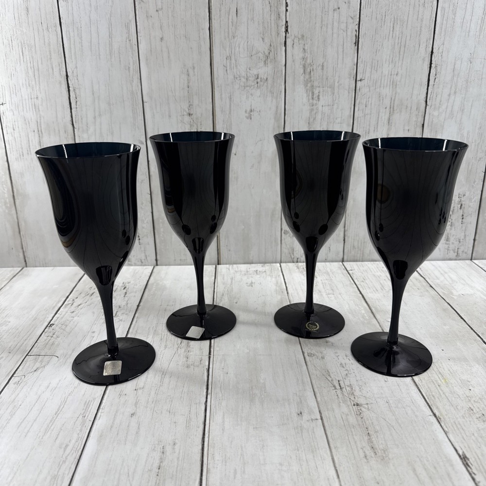 Carico Black Lead Crystal Wine Glasses Water Goblets Set of 4 Japan 8 inch tall