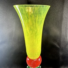 Czech Atelier Morava Stemware Yellow Red Green Art Glass Champagne Flute 11.75″