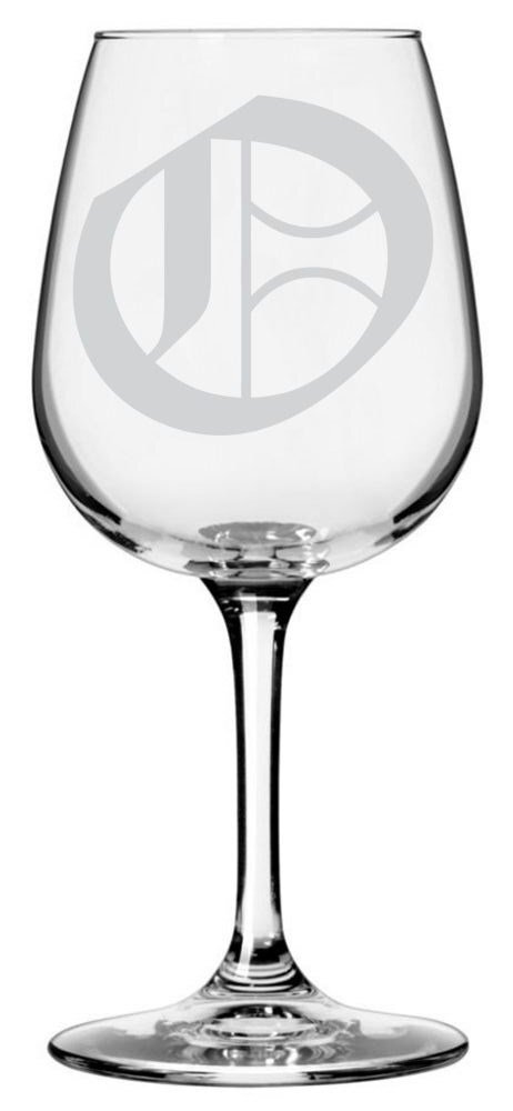 Old English Etched Monogram Stemmed 12.75oz Wine Glass (Letter O)