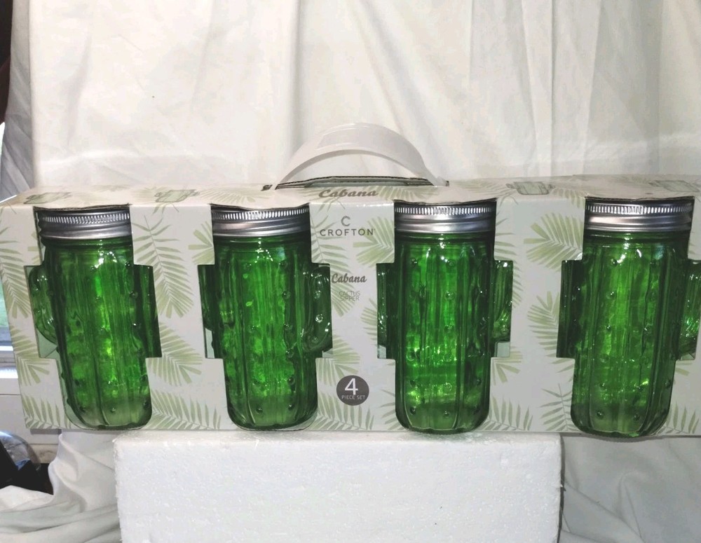 4 Crofton Cabana Green Glass Cactus Sippers Lidded Jar Glasses W Drinking Straws
