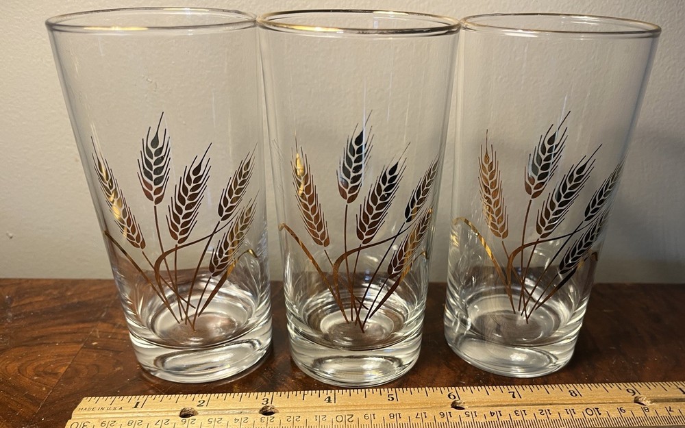 Vintage MCM Set Of 3 Homer Laughlin 22k Golden Wheat Pattern 12 oz Glasses 5.5in