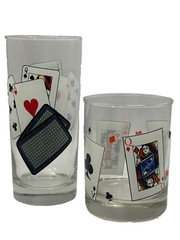 Set of Two Retro Playing Cards Glasses Highball and Lowball Barware Tumblers MCM