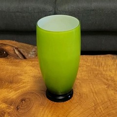 Stunning 8” Lime Green Cased Glass Vase MCM Style White Interior Pedestal Footed