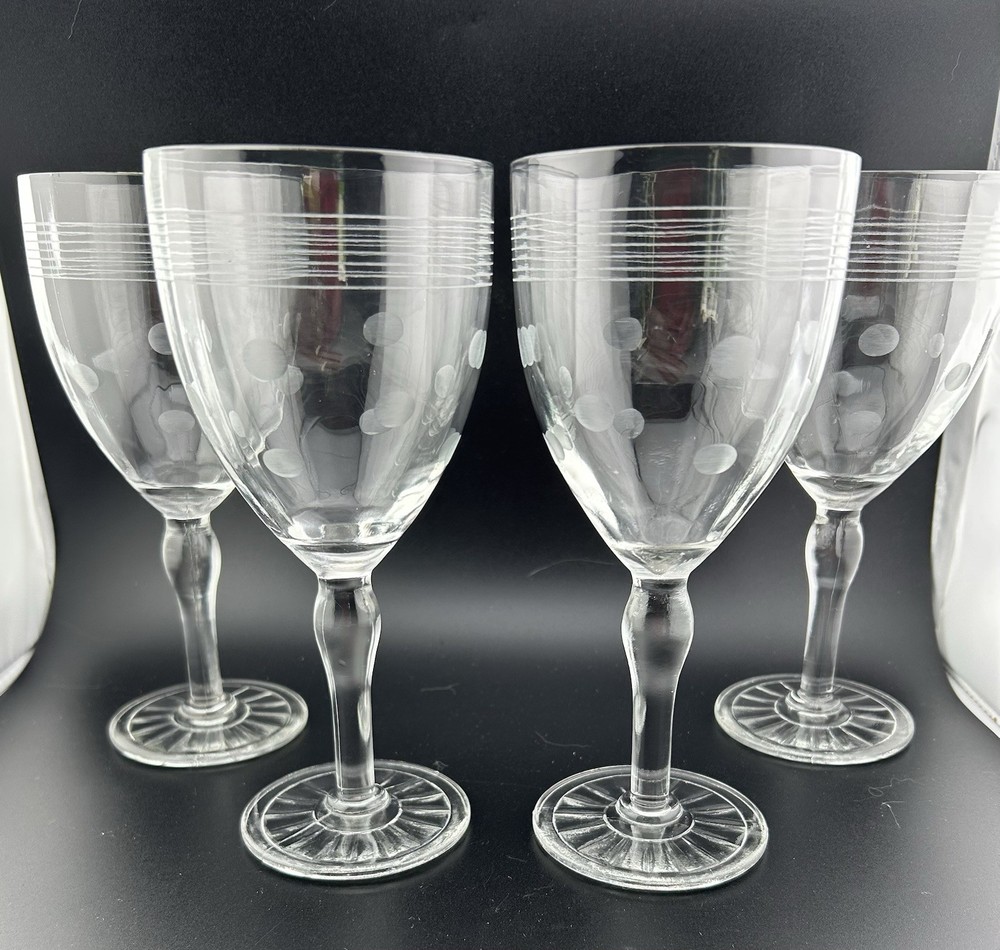 Vintage, Etched, Stripes and Dots, Clear, Stemmed, Glass Cordial, Set of 4