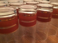 Set of 12 ~ Libbey(?) Glass Tumblers ~ Rust / Gold Stripes ~ 6 1/4″ Tall