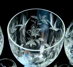 5 Elegant Ornate Floral Etched Cut Crystal Mystery Pattern Water Wine Glasses