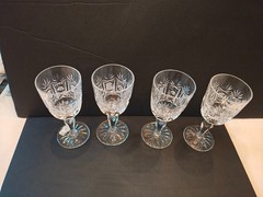 4 Cordial/liquor 4″, crystal cut cross-hatch hobstar, pinwheel, and fan