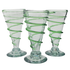 VTG Mexican Hand Blown Green Swirl Iced Tea Glasses Set of 3 Art Goblets 7″